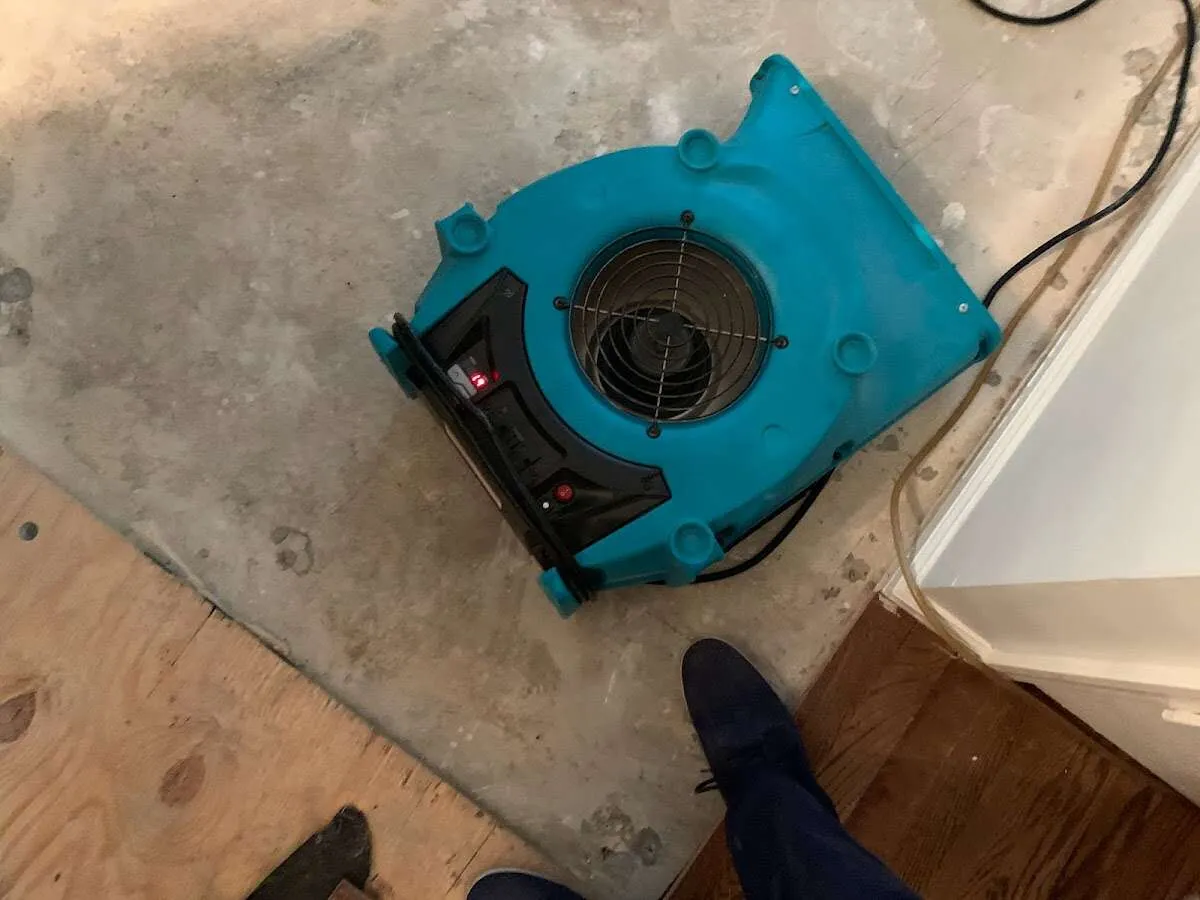 Air mover drying subfloor during Commercial Water Damage Restoration in Lonsdale